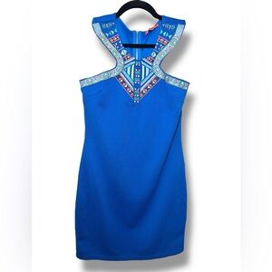 Lulumari Blue Embroidered Dress‎ with Geometric Accents Sz Lg EUC